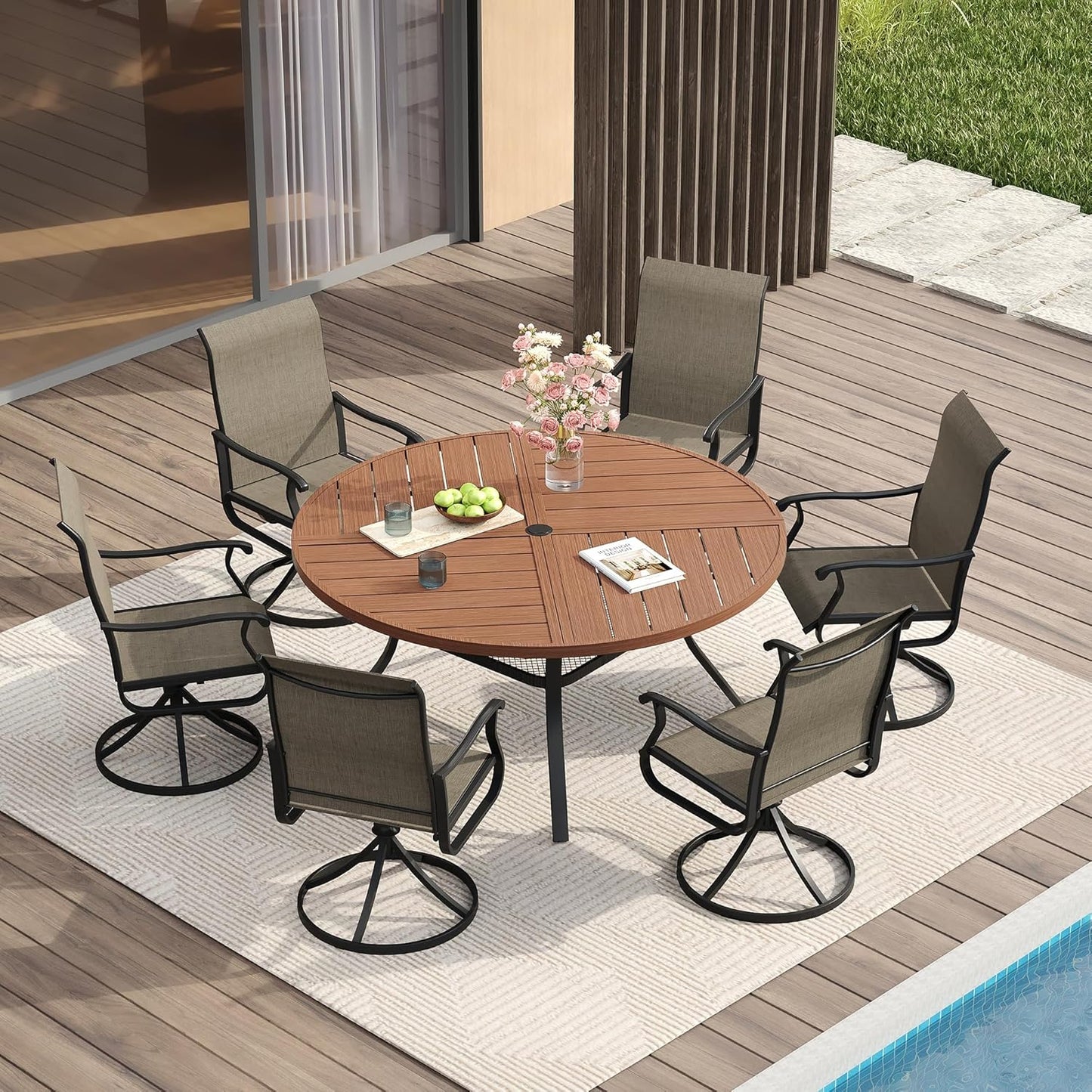 VICLLAX Round Patio Table with Adjustable Umbrella Hole for 6, All Weather Metal Outdoor Dining Table for Lawn Garden, 50" Outdoor Coffee Table, Walnut Wood-Like Tabletop