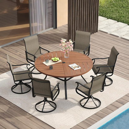 VICLLAX Round Patio Table with Adjustable Umbrella Hole for 6, All Weather Metal Outdoor Dining Table for Lawn Garden, 50" Outdoor Coffee Table, Walnut Wood-Like Tabletop