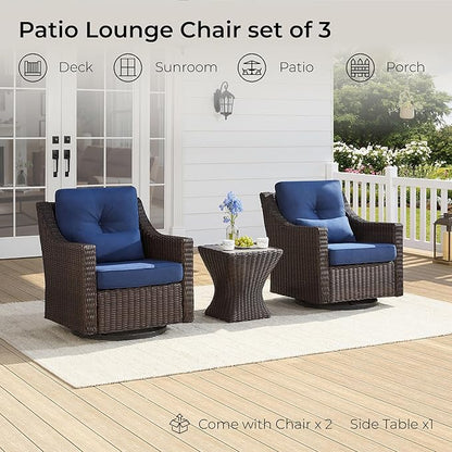 CHITA 3 Pieces Wicker Patio Bistro Set, Outdoor Furniture Set with 2 Pieces Rattan Rocking Swivel Chairs, Thickened Cushions and Side Table