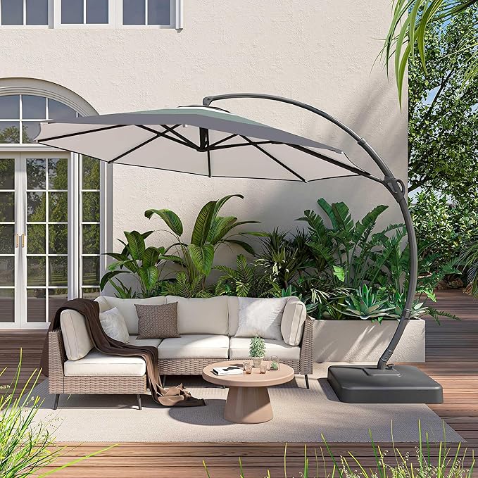 LAUSAINT HOME Outdoor Patio Umbrella with Base, 11 FT Deluxe Curvy Cantilever Umbrella Heavy Duty Offset Hanging Umbrella with 360° Rotation for Market, Pool, Garden, Backyard(Gradient Green)