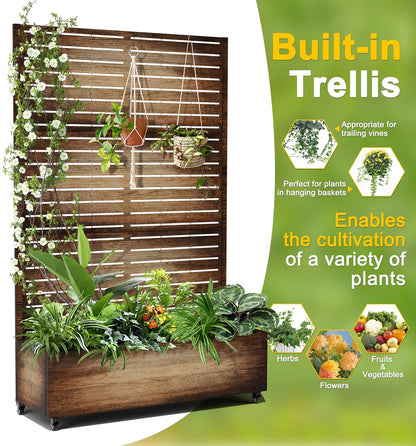 FENCY Metal Raised Garden Bed with Wheels and Trellis,73"x47"x16" Planter Box for Climbing Plants, Vegetables & Vines, Features Privacy Screen and Drainage Holes (Vintage Wood Color)