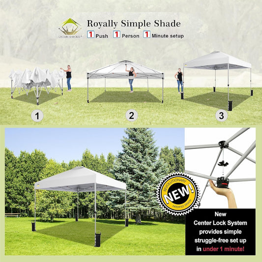CROWN SHADES 10x10 Pop Up Canopy - Beach Tent with One Push Setup - Easy Outdoor Sun Shade for Events, Parties, Camping - Gazebo with STO-N-Go Cover Bag, Silver Coated Top, Grid White