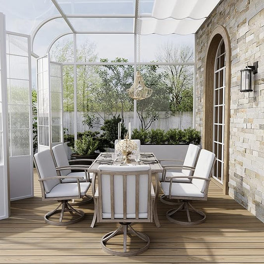 HAPPATIO 7 Piece Patio Swivel Dining Set, Aluminum Outdoor Dining Set for 6,Dining Table and Chairs Set, Patio Dining Furniture with Aluminum Table, Swivel Chairs and Washable Cushions (Gray)