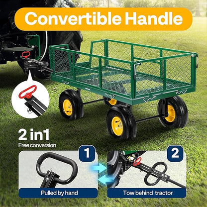 VIVOHOME Garden Cart Steel Heavy Duty 900 LBS Yard and Garden Wagon with 10 inch Tire and Handle Attach to ATV or Tractor Green