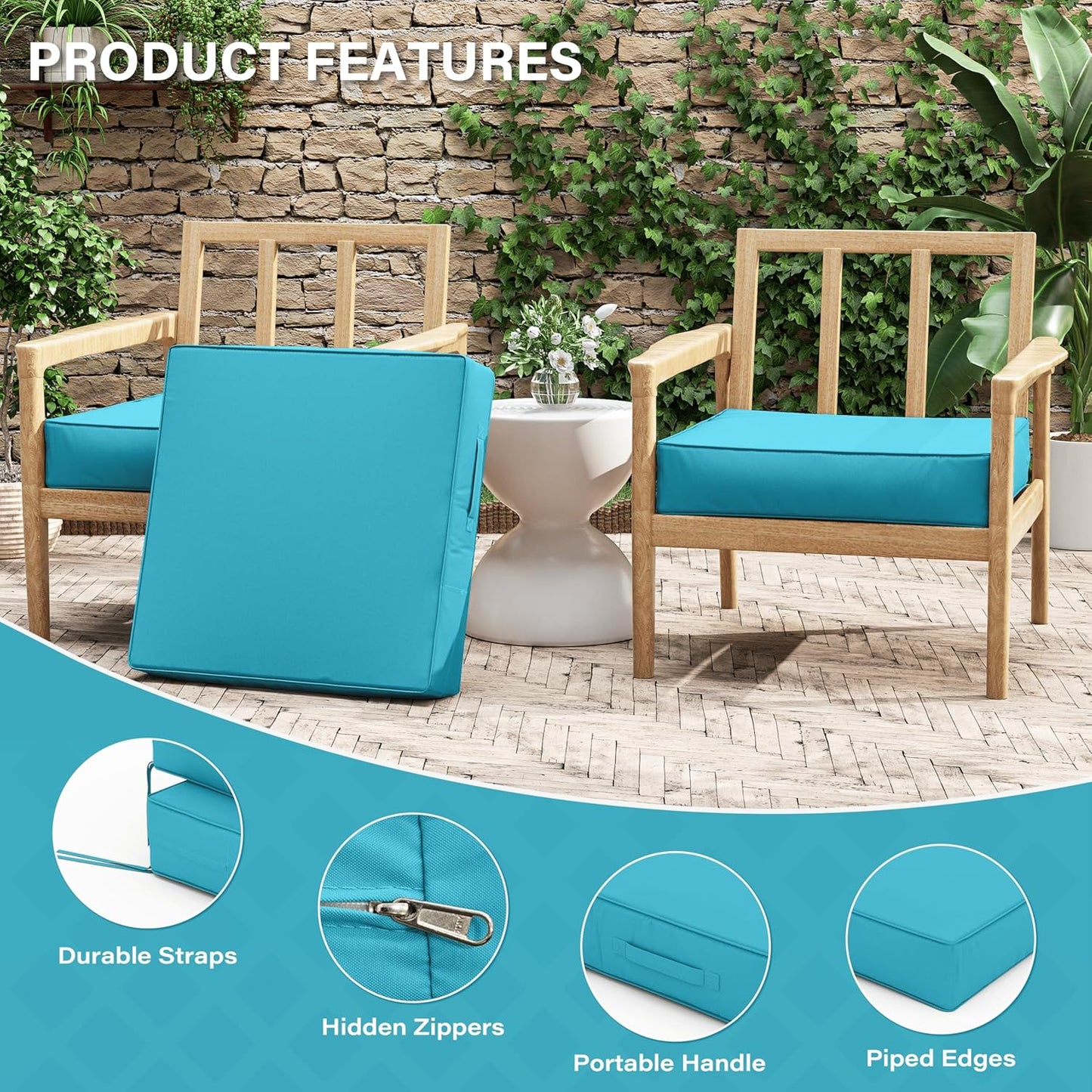 Patio Chair Cushions 24 X 24 X 5 Inch Waterproof Outdoor Seat Cushions for Patio Furniture, Outdoor Sofa Couch Pads with Ties & Handle, Set of 2, Lake Blue