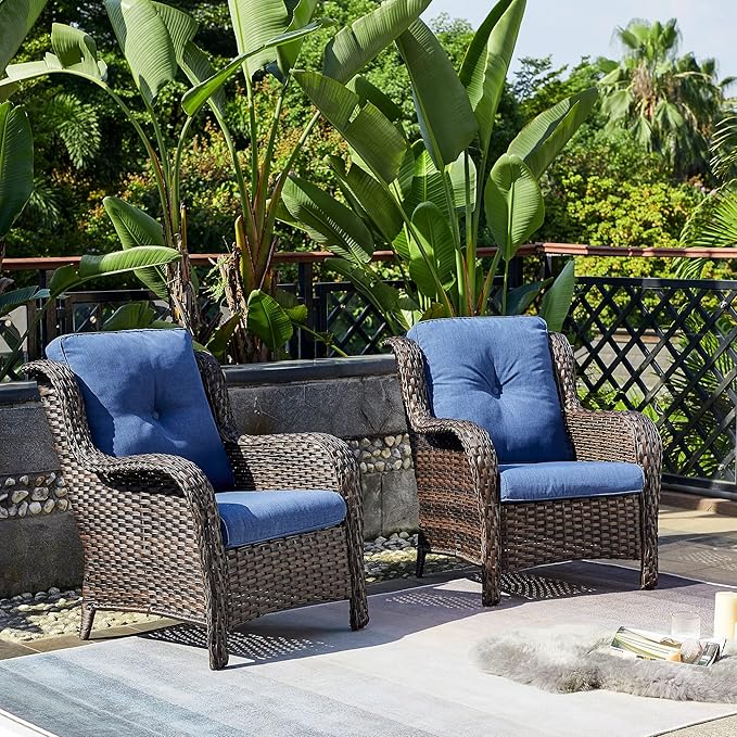 Rilyson Outdoor Wicker Patio Chairs Set of 2: High Back, Deep Seating, Wide Armrest, Thick Comfort Cushions, Ideal for Porch Deck Backyard Garden(Brown/Blue)