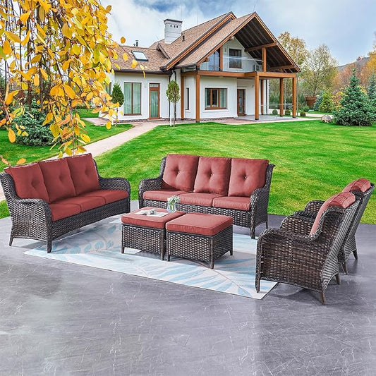 Rilyson Wicker Patio Furniture Sofa Set - 6 Piece Rattan Outdoor Patio Sectional Conversation Sets with 2 Sofa,2 Armrest Chairs and 2 Ottomans for Porch Deck Garden(Brown/Red)