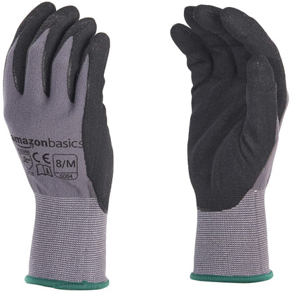 Amazon Basics Micro-Foam Nitrile Coated Work Gloves, Nylon Liner Fiber, Touch Screen, Size 8/M, 12 Pairs, Grey