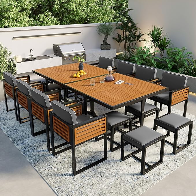 Merax 18 Pieces Outdoor Dining Set for 16 People, Acacia Wood Patio Furniture Sets with 2 Square Tables, 8 Cushioned Chairs and 8 Ottomans for Backyard, Garden, Lawn, Poolside, Gray