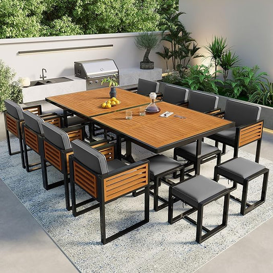 Merax 18 Pieces Outdoor Dining Set for 16 People, Acacia Wood Patio Furniture Sets with 2 Square Tables, 8 Cushioned Chairs and 8 Ottomans for Backyard, Garden, Lawn, Poolside, Gray