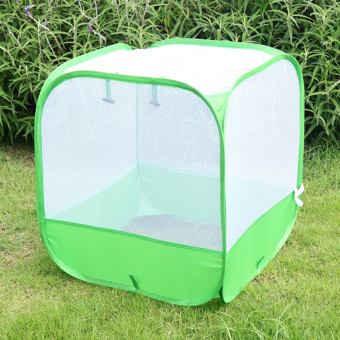 Mesh Plant Cover for Outdoor, Plant Netting Protector Garden Cover Cloche for Fruit, Vegetables, Strawberry, Flowers and Herbs Pop-Up Cage with 4 Stakes (White with Green, 19.7" x 19.7" x 19.7")