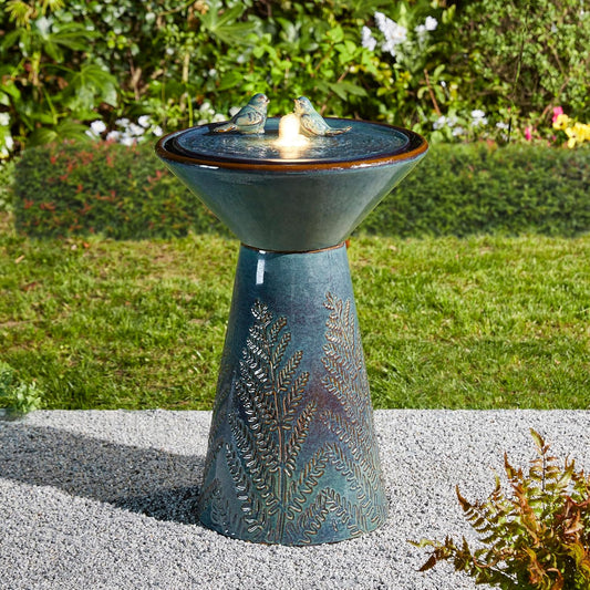 Glitzhome 27.5" H Outdoor Garden Water Fountain with LED Light and Pump, Turquoise Two Birds Embossed Pattern Pedestal Ceramic Floor-Standing Water Fountain for Yard Floor Patio Backyard
