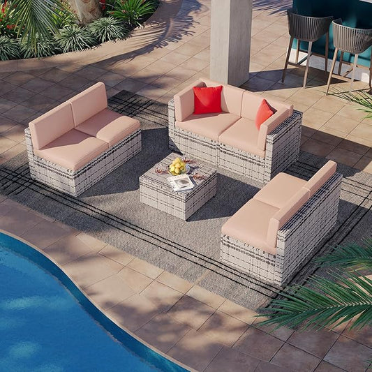 Aoxun Outdoor Replacement Cushions for Patio Furniture, Waterproof Sofa Cushion for 6-Seat Rattan Wicker Sectional Patio Conversation Sets, 14-Piece Cushions Set for L-Shape Couch, Beige