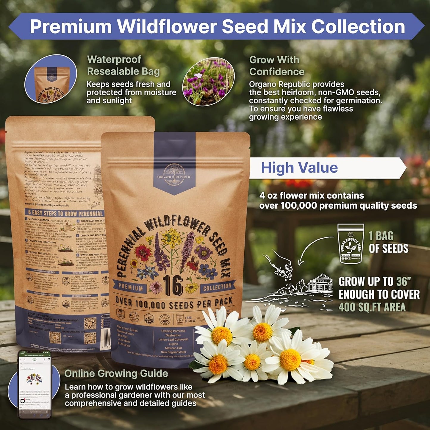 Organo Republic 16 Perennial Wildflower Seeds Mix for Indoor & Outdoors. 100,000+ Non-GMO, Heirloom Wildflower Garden Seeds, 4oz Packet for Growing Wild Flowers to Attract Bees, Butterflies & Birds