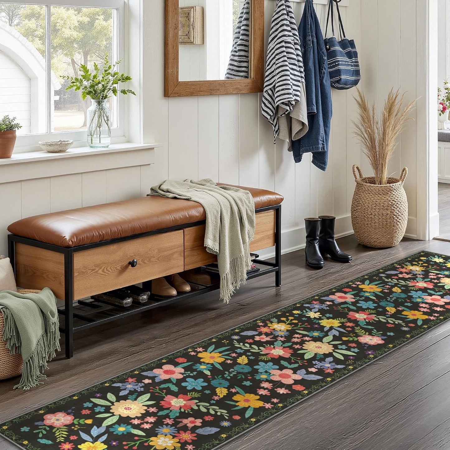 GENIMO Indoor Outdoor Area Rug 2' X 10' Waterproof, Washable Runner Rug Non Shedding, Easy Cleaning Floral Outdoor Carpet for Patio, Living Room, Bedroom, Entryway, Porch, Dining Room, Black