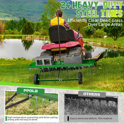 48 Inch Green Tow Dethatcher with 24 Spring Steel Tines, Pull Behind Dethatcher for Outdoor Yard Care, Garden Farm Grass Tractor Rake to Remove Thatch, Leaves and Needles from Large Lawn Areas