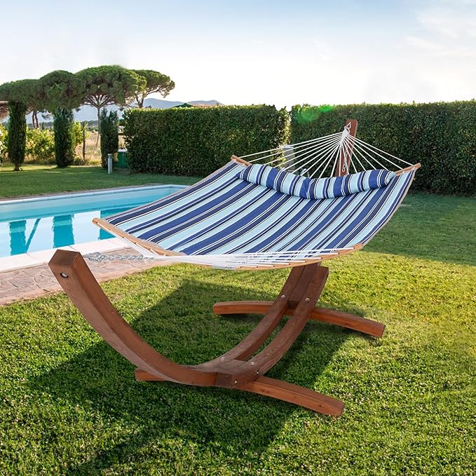 SUNCREAT Hammocks Standing Backyard Hammock with Stand, 2 Person Heavy Duty Hammock with 13.5 ft Wooden Stand, Blue Stripe