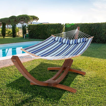 SUNCREAT Hammocks Standing Backyard Hammock with Stand, 2 Person Heavy Duty Hammock with 13.5 ft Wooden Stand, Blue Stripe
