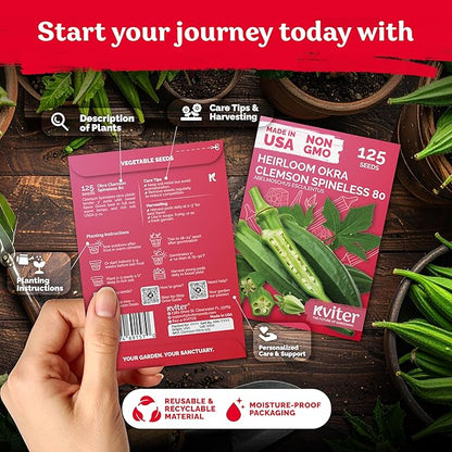 KVITER 125 Clemson Spineless 80 Okra Seeds for Planting (Abelmoschus esculentus) – Heirloom & Organic Okra, Spineless Pods, Heavy Yields – Vegetable Seeds to Plant in Outdoor Garden