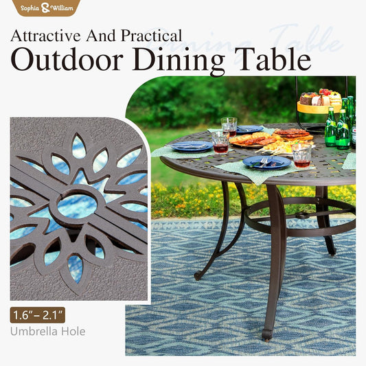 Sophia & William 7 Pieces Cast Aluminium Patio Dining Furniture Set for 6, Powder-Coating Outdoor Dining Chairs and Round Table with 2.2" Umbrella Hole for Porch Backyard Deck, Bronze