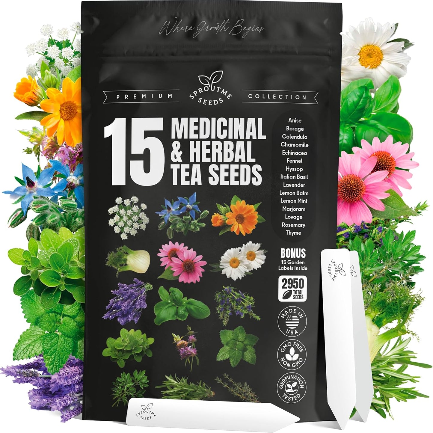 15 Medicinal & Herbal Tea Seeds Variety Pack Home Garden Kit Plant Markers 2950+ Non-GMO Heirloom Indoor Hydroponic Outdoors Planting Herb Anise Basil Calendula Fennel Mint Rosemary Lavender Chamomile