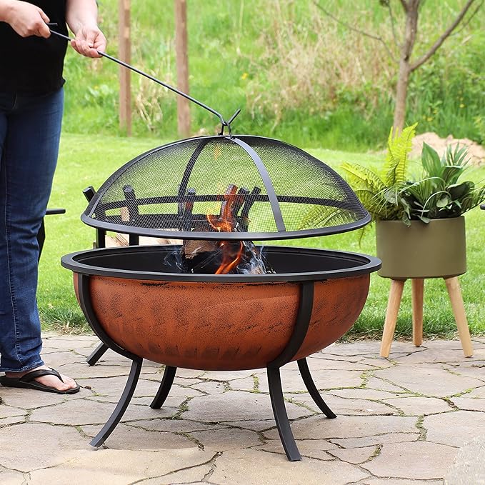 Sunnydaze 32-Inch Copper Fire Pit for Outside - Wood-Burning Fire Pit Bowl with Spark Screen, Wood Grate, and Poker