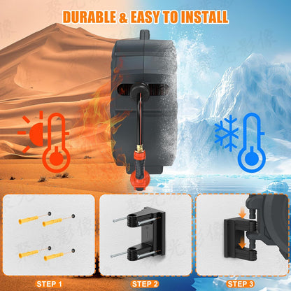 NEOTEC Retractable Garden Hose Reel 5/8 inch x 90ft - Wall Mounted Heavy Duty Hose Reel with 3/4 Inch Brass Fittings & 9-Pattern Nozzle - Auto Rewind System, Any Length Lock, 180° Swivel Bracket