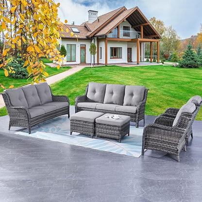 Rilyson Wicker Patio Furniture Set - 6 Piece Rattan Outdoor Sectional Conversation Sets with 2 Sofa,2 Armrest Chairs and 2 Ottomans for Porch Deck Garden(Mixed Grey/Grey)