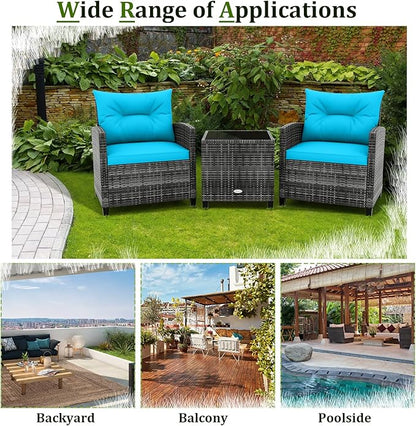 RELAX4LIFE 3 Piece Patio Furniture Set, Wicker Bistro Conversation Set w/2 Cushioned Armchairs & Glass Topped Table, Outdoor Rattan Sofa Set Patio Furniture for Porch Balcony Poolside (Grey-Turquoise)