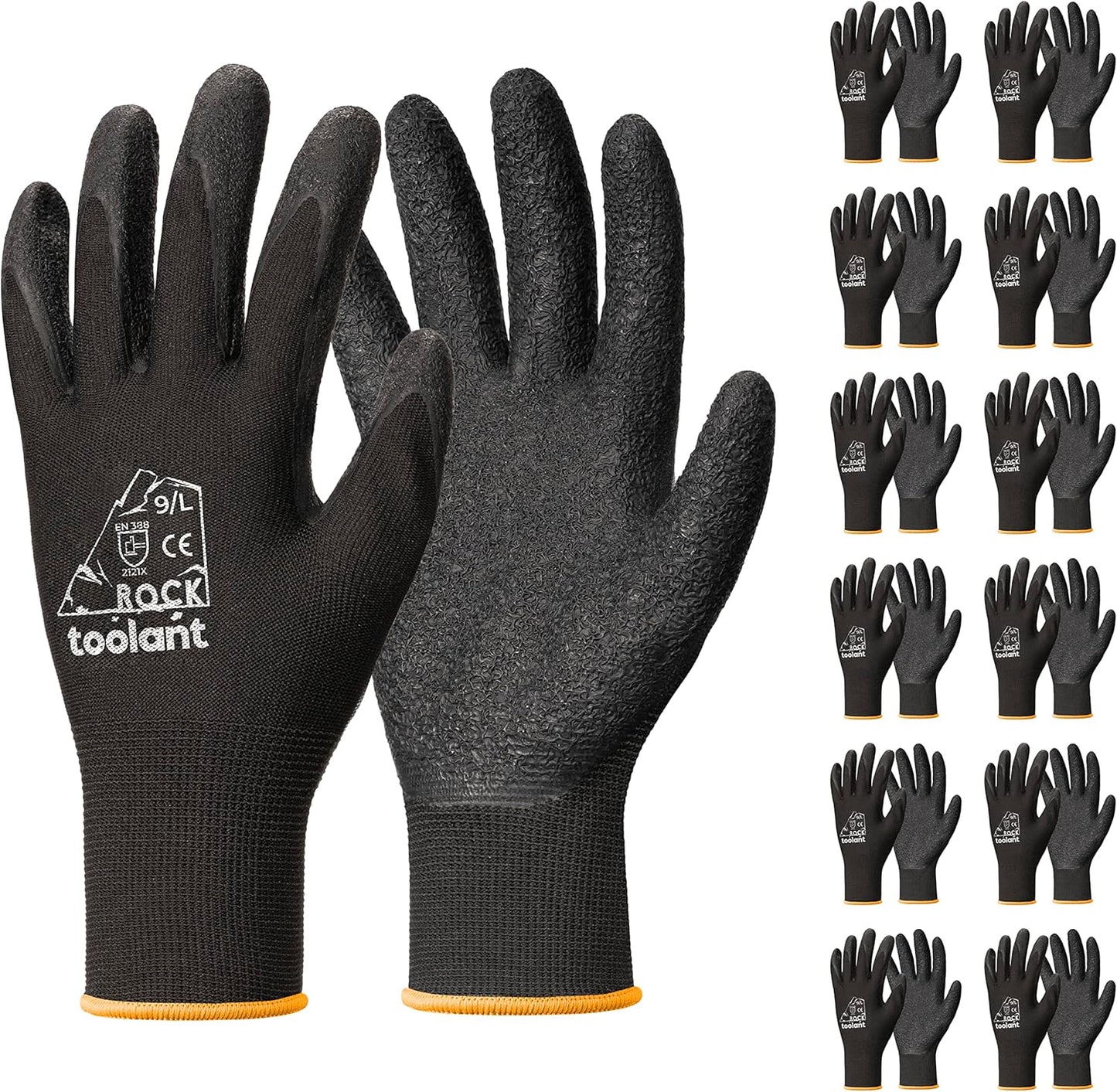 toolant Crinkle Latex Work Gloves Bulk, Rubber Coated Safety Work Gloves for Men and Women, 12 Pairs for Construction, Gardening, Warehouse (Black, Large)