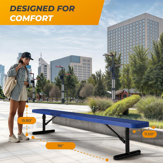 Heavy-Duty Outdoor Metal Bench, Thermoplastic-Coated, Portable, Weatherproof, Commercial-Grade for Parks, Gardens, Patios, Stores & More (8 Ft - Portable, Blue)