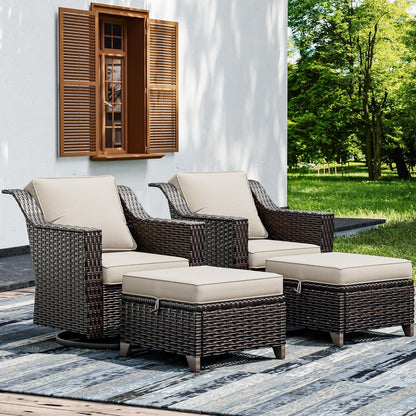 Joyside Wicker Patio Furniture Sets, 4 Pieces Upgraded Large Size Outdoor Furniture with Swivel Rocking Patio Chairs and Outdoor Ottoman, Thick Cushions, Wide Armrest