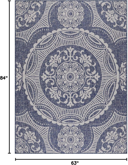 Medallion Outdoor Rug 5x7 Washable Outside Carpet for Indoor Patio Porch Waterproof Easy Cleaning Non Shedding Area Rugs Blue 5 x 7