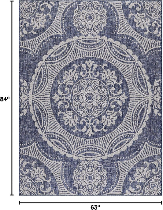 Medallion Outdoor Rug 5x7 Washable Outside Carpet for Indoor Patio Porch Waterproof Easy Cleaning Non Shedding Area Rugs Blue 5 x 7