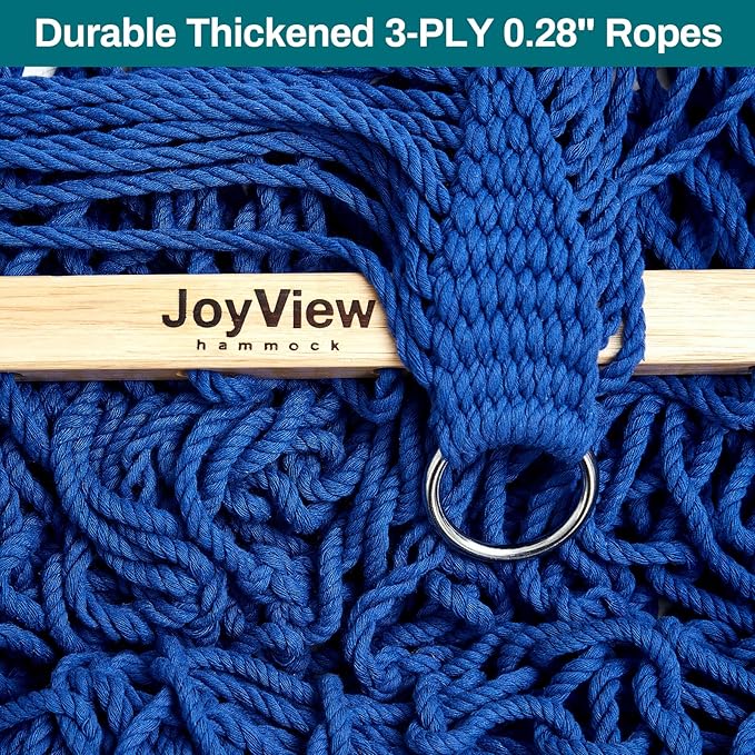 JoyView Traditional Rope Double Hammock - Hand Woven Cotton Hammock with Hardwood Spreader Bar and Pillow 450lb Capacity for Outdoor Indoor Patio Yard - Blue