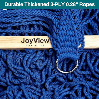 JoyView Traditional Rope Double Hammock - Hand Woven Cotton Hammock with Hardwood Spreader Bar and Pillow 450lb Capacity for Outdoor Indoor Patio Yard - Blue