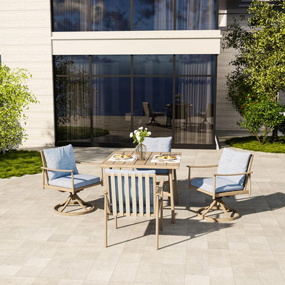 HAPPATIO Patio Table for 4, Modern Square Outdoor Dining Table with Umbrella Hole and Adjustable Feet, All Weather Aluminum Patio Table for Garden, Backyard and Poolside, Brown