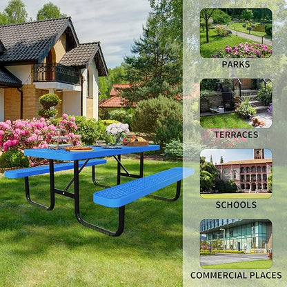 48'' Rectangular Steel Picnic Table for Outdoors,Commercial Metal Picnic Table Bench Set with Umbrella Hole,School Canteen Table W/Seats - Heavy Duty Sturdy Picnic Tables Furniture for Patio Garden