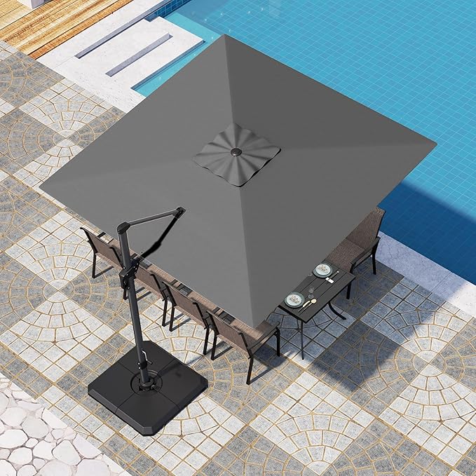 PHI VILLA 10ft Patio Umbrella with Base. 360° Rotation & 7-Level Tilt Outdoor Cantilever Umbrella with Easy Crank Handle. Square Offset Umbrella Heavy Duty for Garden Poolside Backyard (Grey)