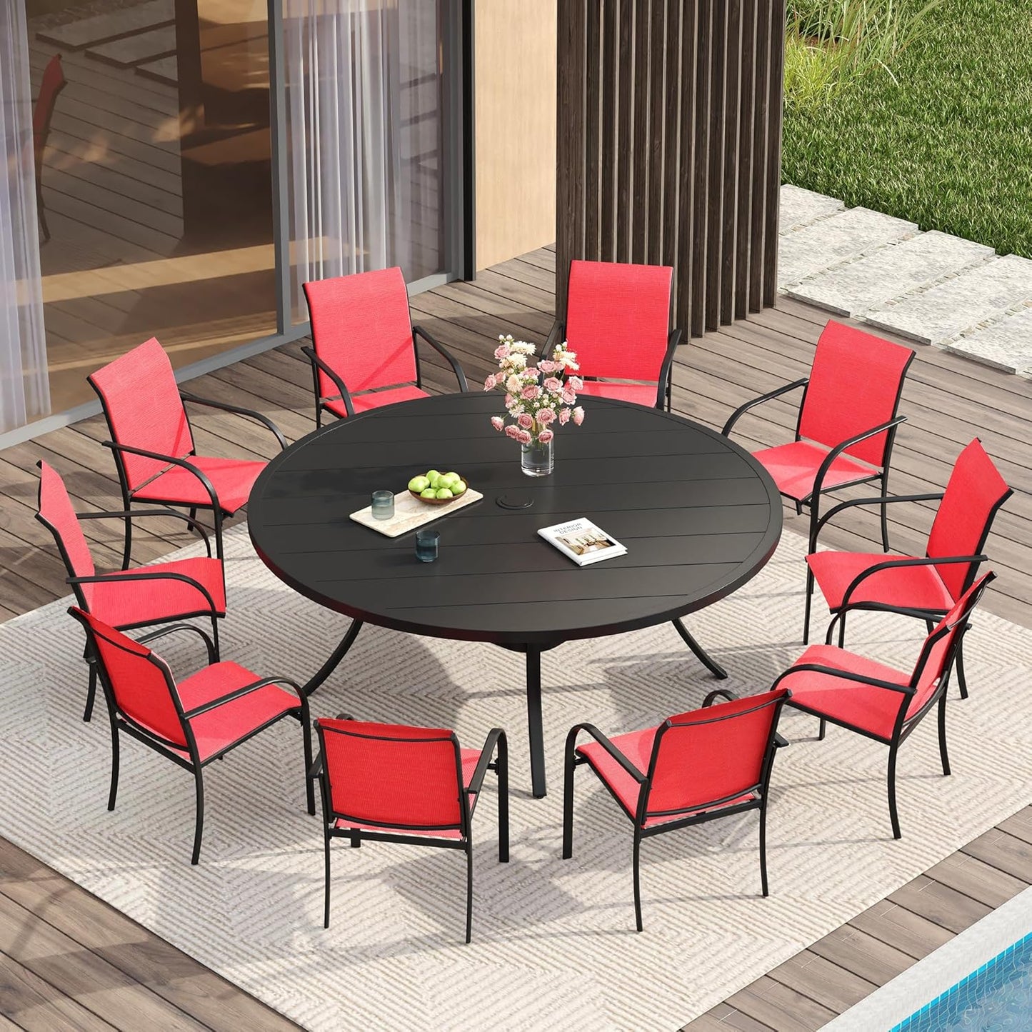 VICLLAX 11 Pieces Patio Dining Set for 10, Outdoor Furniture Set Includes 60" Round Outdoor Table and 10 Lawn Stackable Chairs, Black Tabletop and Red Fabric