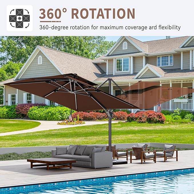 10' X 10' Cantilever Patio Umbrella Outdoor with Base Included Heavy Duty Double Top Windproof Square Offset Umbrellas with 360-degree Rotation for Pool Deck Backyard, Brown