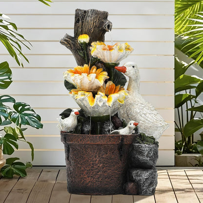 19.1" H Farmhouse Duck Garden Water Fountain with Sunflower, Indoor/Outdoor Freestanding, Soothing Cascading Waterfall with LED Lights, Decorative Water Feature for Patio, Yard, and Garden
