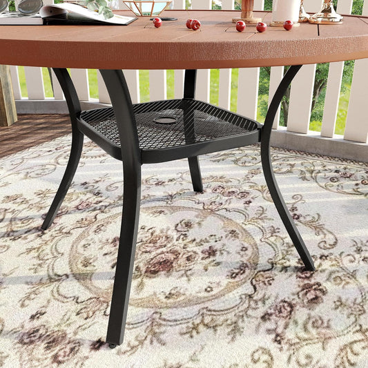 VICLLAX Round Patio Table with Adjustable Umbrella Hole for 4, All Weather Plastic Wood Grain Outdoor Dining Table for Lawn Garden, 41.7" Circle Outdoor Table, Walnut Tabletop