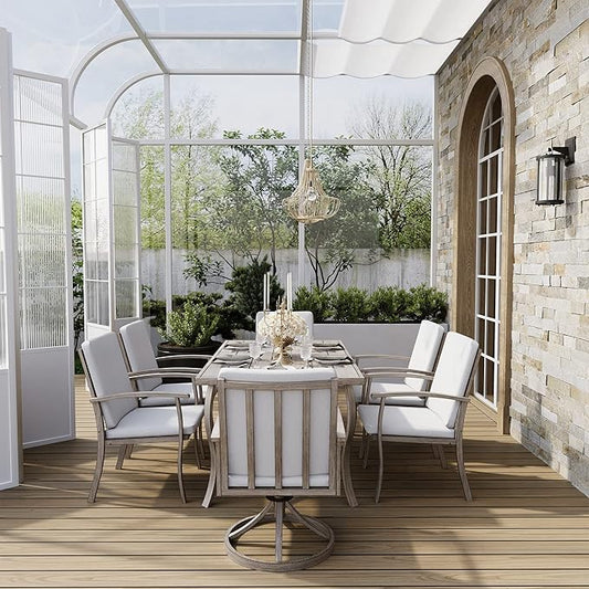 HAPPATIO 7 Piece Patio Dining Set, Aluminum Outdoor Dining Set for 6, Patio Furniture Sets, 2 Swivel Dining Chairs, 4 Dining Chairs, Aluminum Furniture Set for Patio, Yard (Gray)