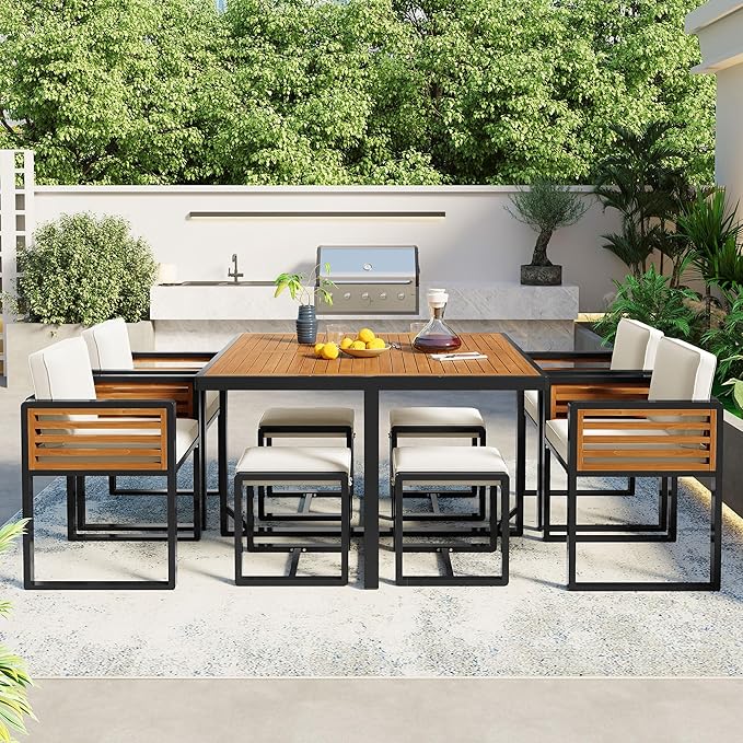 Merax 9 Pieces Outdoor Dining Set for 8 People, Acacia Wood Patio Furniture Sets with 1 Square Table, 4 Cushioned Chairs and 4 Ottomans for Backyard, Garden, Lawn, Poolside, Space Saving Design, Beige