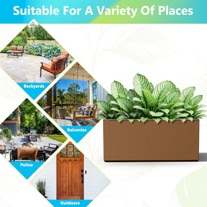 FENCY Large Metal Planter, Large Rectangular Planters for Outdoor Plants, Tall Outdoor Planters for Porch Patio, 38" L x 15" W x 16.3" H Brown Metal Planter with Drainage Hole