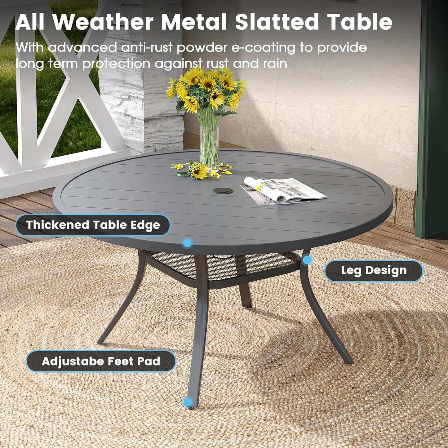 DIFY 48" Round Patio Dining Table for 6, All Weather Round Outdoor Metal Dining Table with 1.57" Umbrella Hole, Perfect for Backyard Lawn Garden, Grey