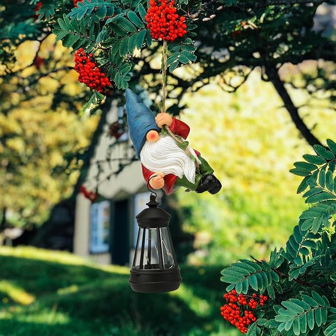 Solar Hanging Gnome Garden Statue Climbing Rope Gnome with LED Lantern Outdoor Decor Tree Hugger Yard Porch Wall Decoration Christmas Thanksgiving Birthday Gardening Gift for Mom Women