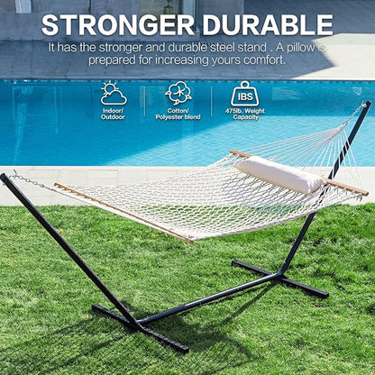 PNAEUT Double Rope Hammock with Stand Included, 12ft Heavy Duty Stand, 2 Person Traditional Cotton Rope Hammocks with Pillow for Outside Porch Patio Backyard Outdoor, Max 475lbs Capacity (Burlywood)