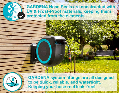GARDENA (18630) Retractable Garden Hose Reel 115' x 1/2" Wall Mounted, Automatic Retraction & Length Lock for Easy Watering. Heavy Duty Swivel Bracket 180°, Includes Nozzle. Made in Europe